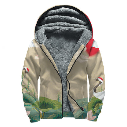 Japanese Cranes At Sunset Print Sherpa Lined Zip Up Hoodie