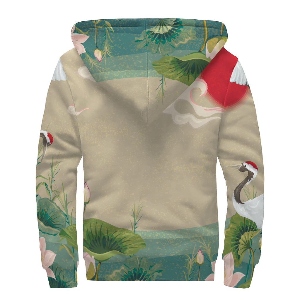 Japanese Cranes At Sunset Print Sherpa Lined Zip Up Hoodie