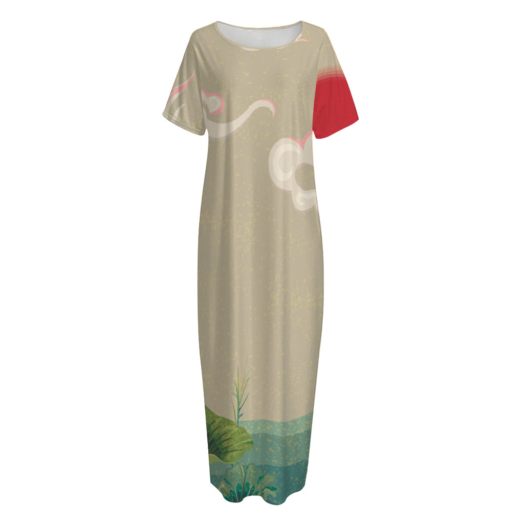 Japanese Cranes At Sunset Print Short Sleeve Long Nightdress