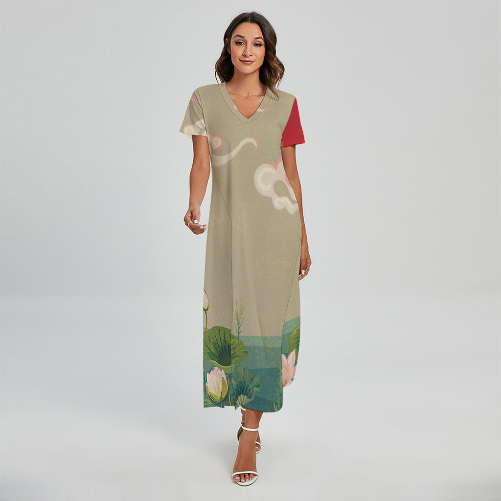 Japanese Cranes At Sunset Print Short Sleeve Maxi Dress