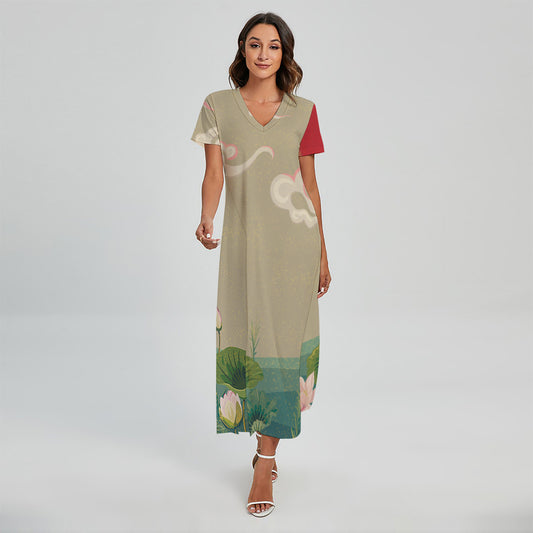 Japanese Cranes At Sunset Print Short Sleeve Maxi Dress