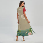 Japanese Cranes At Sunset Print Short Sleeve Maxi Dress