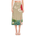 Japanese Cranes At Sunset Print Side Slit Midi Skirt