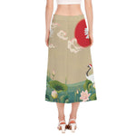 Japanese Cranes At Sunset Print Side Slit Midi Skirt