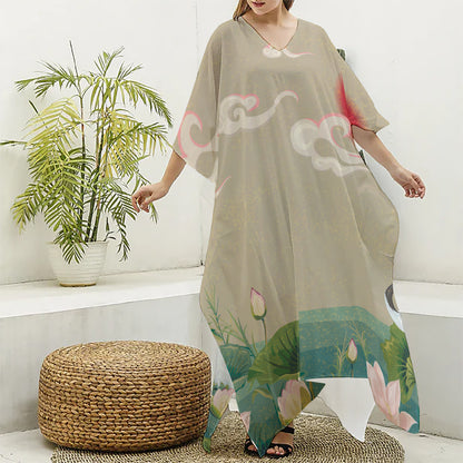 Japanese Cranes At Sunset Print Silk V-Neck Kaftan Dress