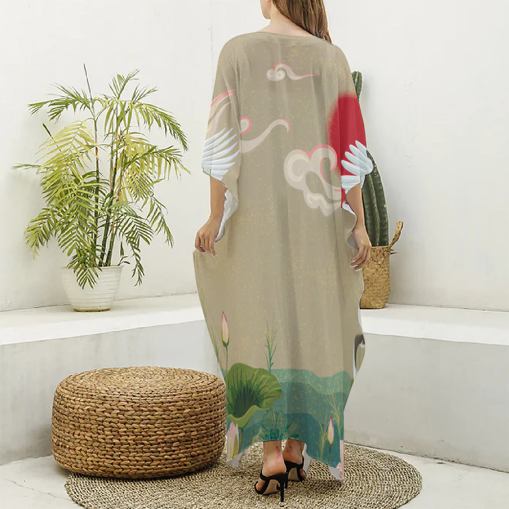 Japanese Cranes At Sunset Print Silk V-Neck Kaftan Dress