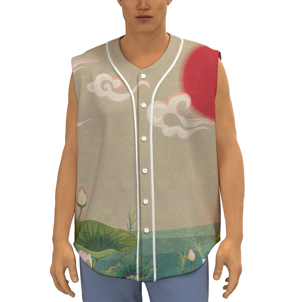 Japanese Cranes At Sunset Print Sleeveless Baseball Jersey