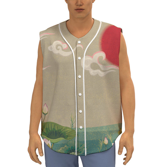 Japanese Cranes At Sunset Print Sleeveless Baseball Jersey