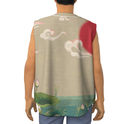 Japanese Cranes At Sunset Print Sleeveless Baseball Jersey