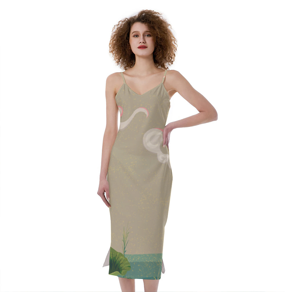 Japanese Cranes At Sunset Print Slim Fit Midi Cami Dress