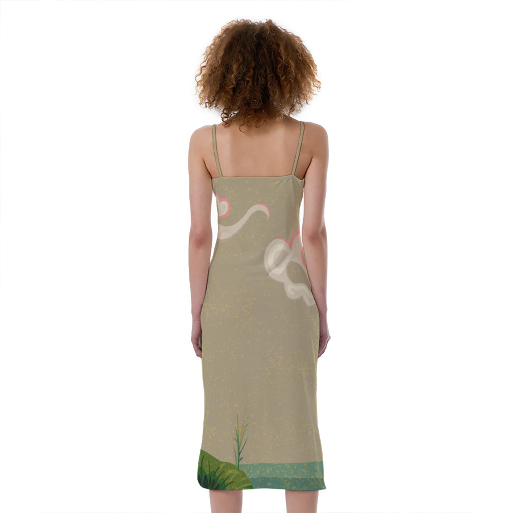 Japanese Cranes At Sunset Print Slim Fit Midi Cami Dress