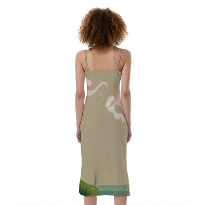 Japanese Cranes At Sunset Print Slim Fit Midi Cami Dress