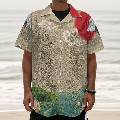 Japanese Cranes At Sunset Print Textured Short Sleeve Shirt