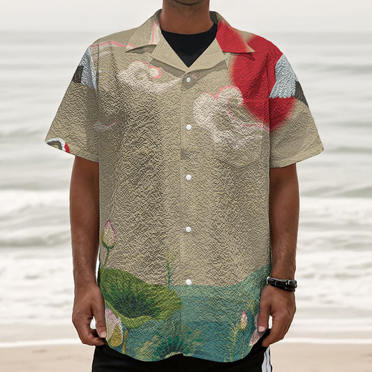 Japanese Cranes At Sunset Print Textured Short Sleeve Shirt
