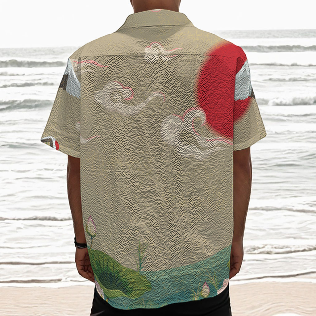 Japanese Cranes At Sunset Print Textured Short Sleeve Shirt