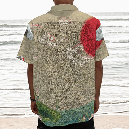 Japanese Cranes At Sunset Print Textured Short Sleeve Shirt
