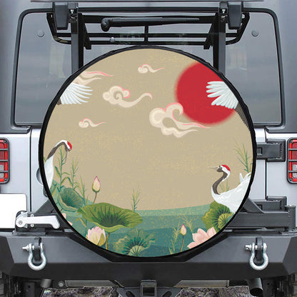 Japanese Cranes At Sunset Print Tire Cover