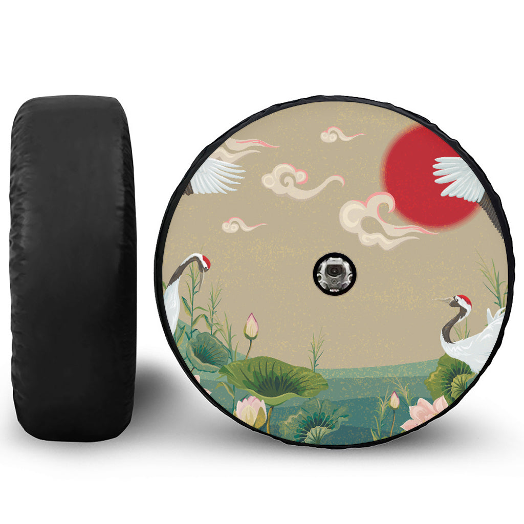 Japanese Cranes At Sunset Print Tire Cover With Camera Hole