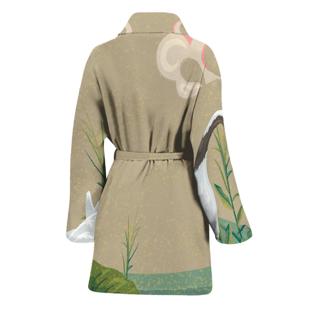 Japanese Cranes At Sunset Print Women's Bathrobe