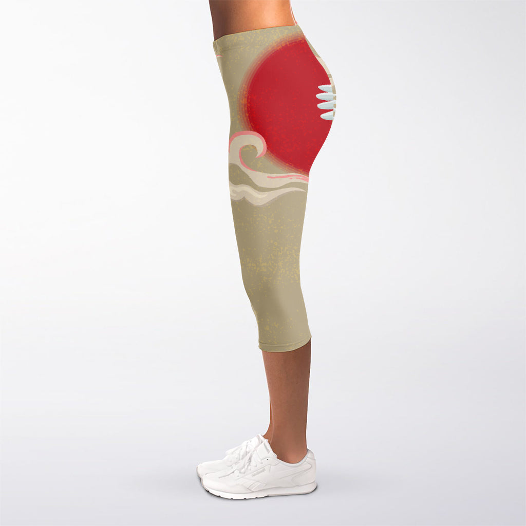 Japanese Cranes At Sunset Print Women's Capri Leggings