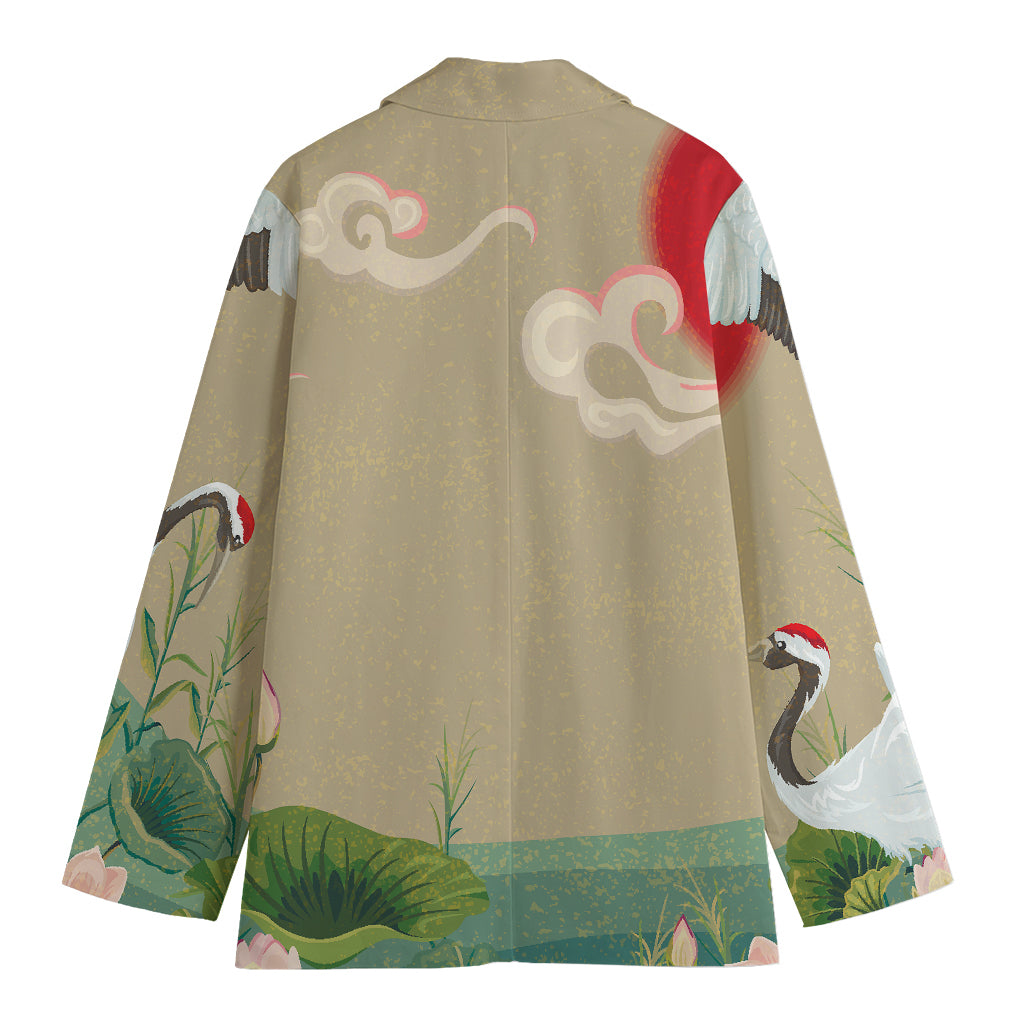 Japanese Cranes At Sunset Print Women's Cotton Blazer