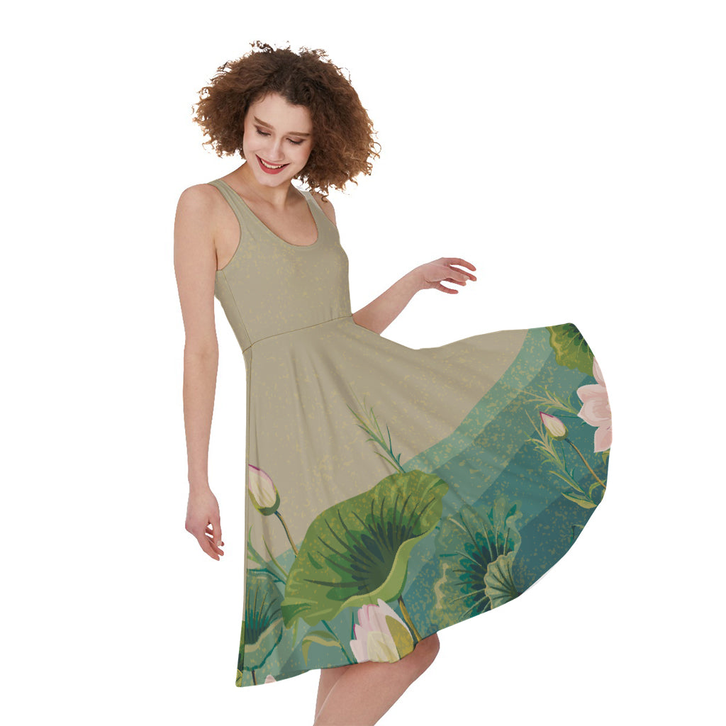 Japanese Cranes At Sunset Print Women's Sleeveless Dress