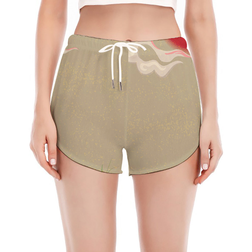 Japanese Cranes At Sunset Print Women's Split Running Shorts