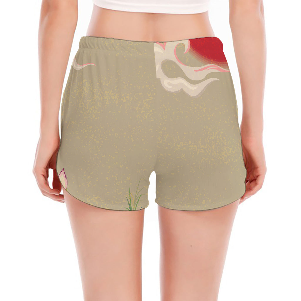 Japanese Cranes At Sunset Print Women's Split Running Shorts