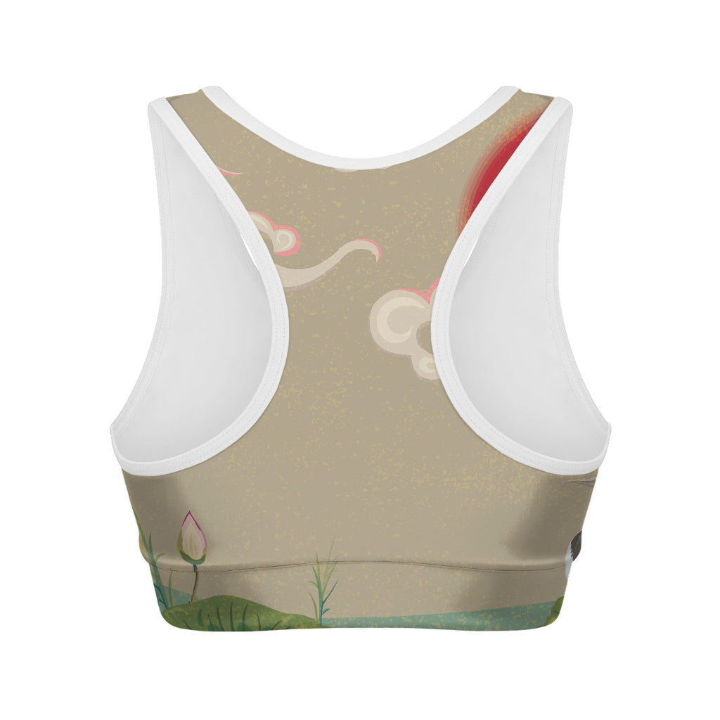 Japanese Cranes At Sunset Print Women's Sports Bra