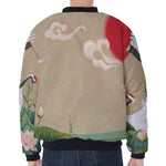 Japanese Cranes At Sunset Print Zip Sleeve Bomber Jacket