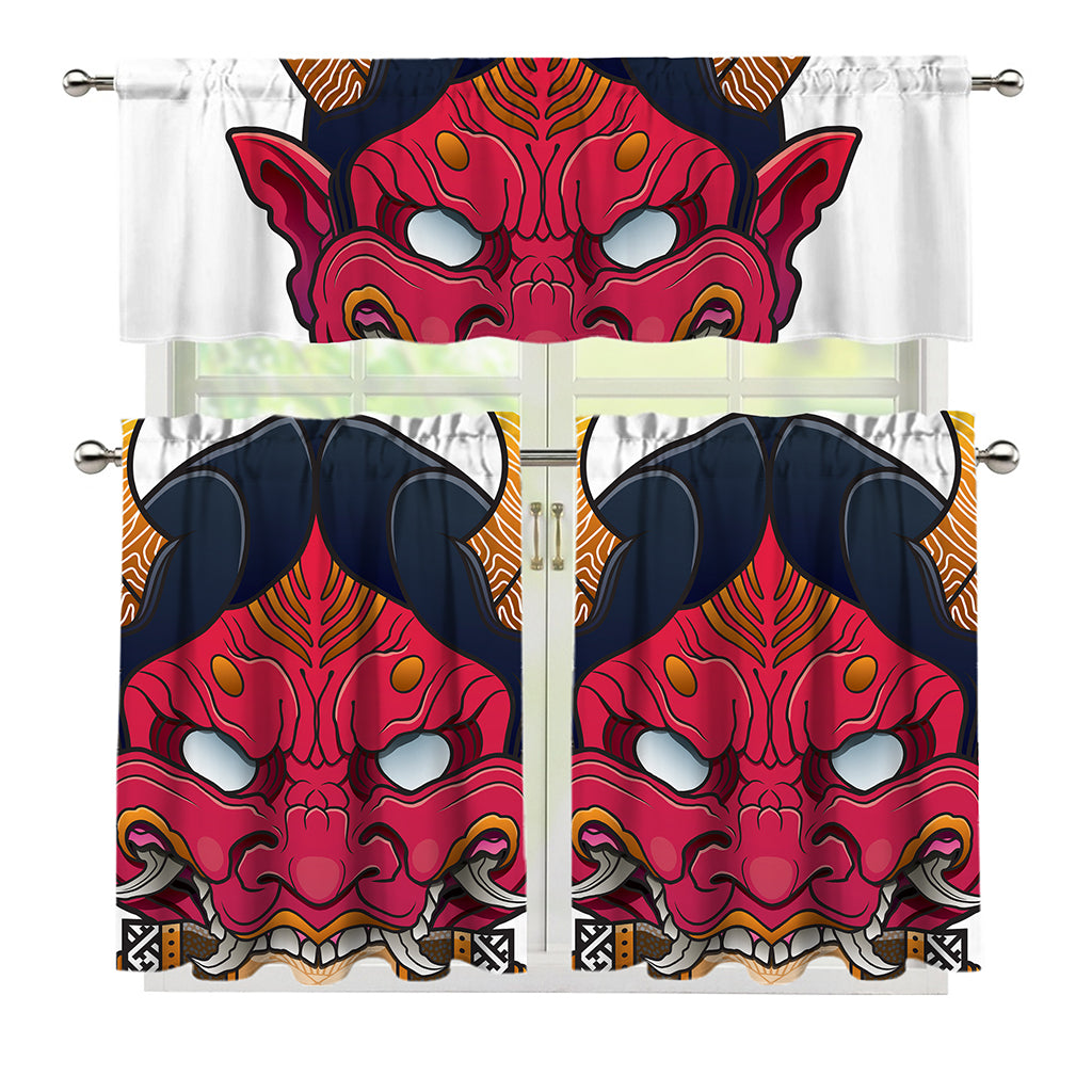 Japanese Demon Mask Print 3 Piece Kitchen Curtains