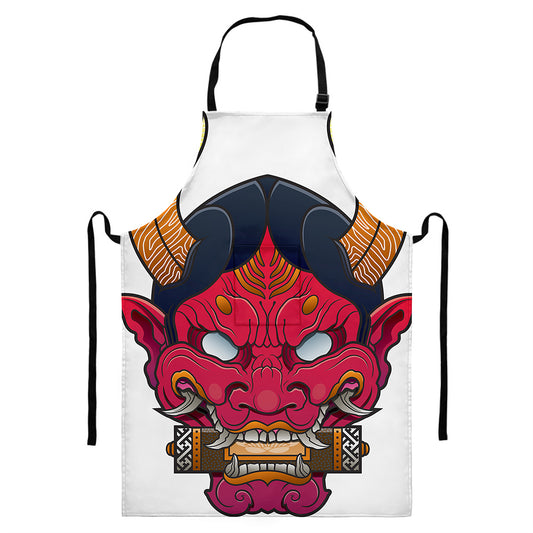 Japanese Demon Mask Print Bib Apron With Pocket