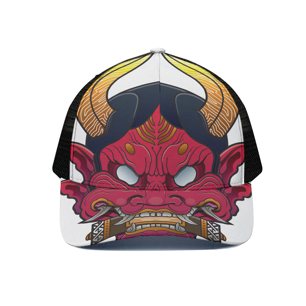 Japanese Demon Mask Print Black Mesh Trucker Cap