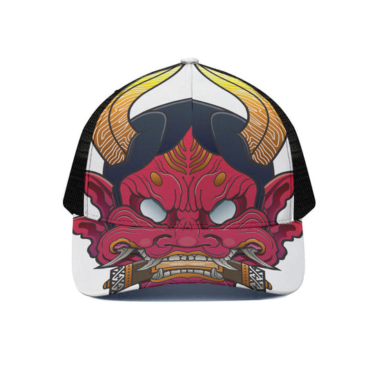 Japanese Demon Mask Print Black Mesh Trucker Cap