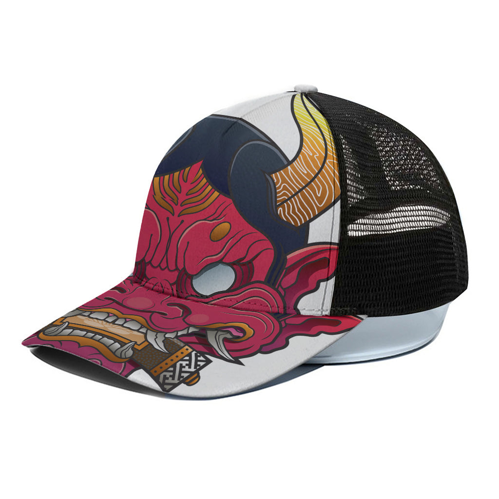 Japanese Demon Mask Print Black Mesh Trucker Cap