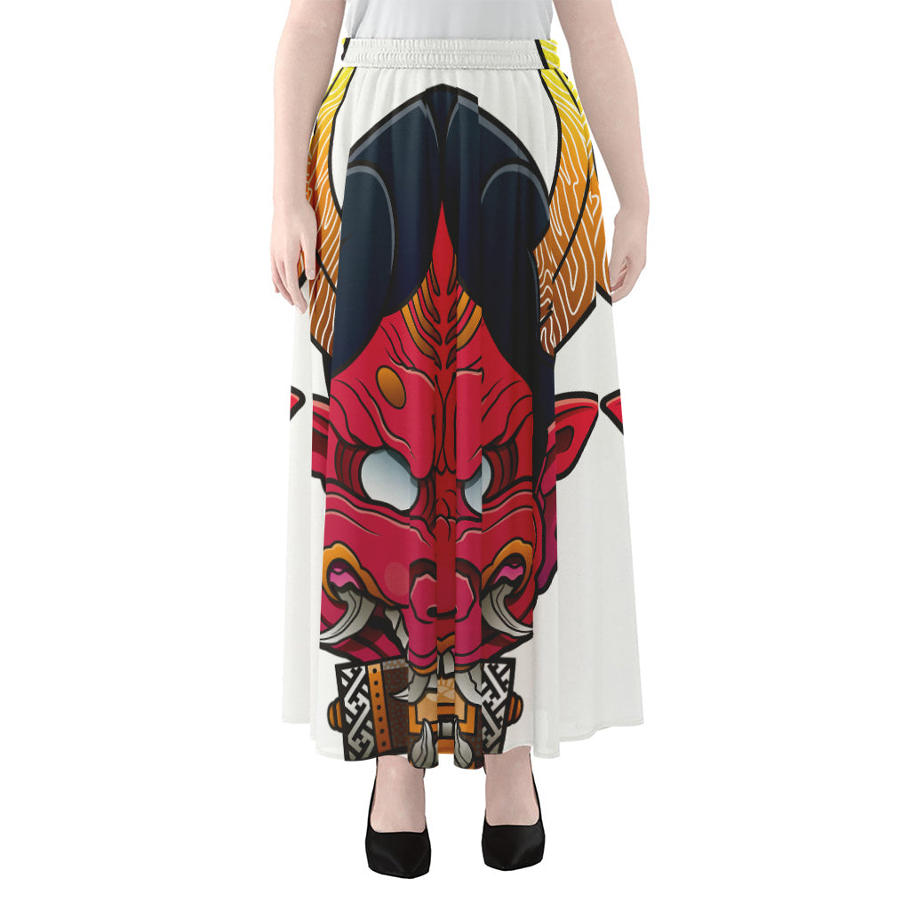 Japanese Demon Mask Print Chiffon Maxi Skirt