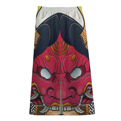 Japanese Demon Mask Print Cotton Front Slit Maxi Skirt