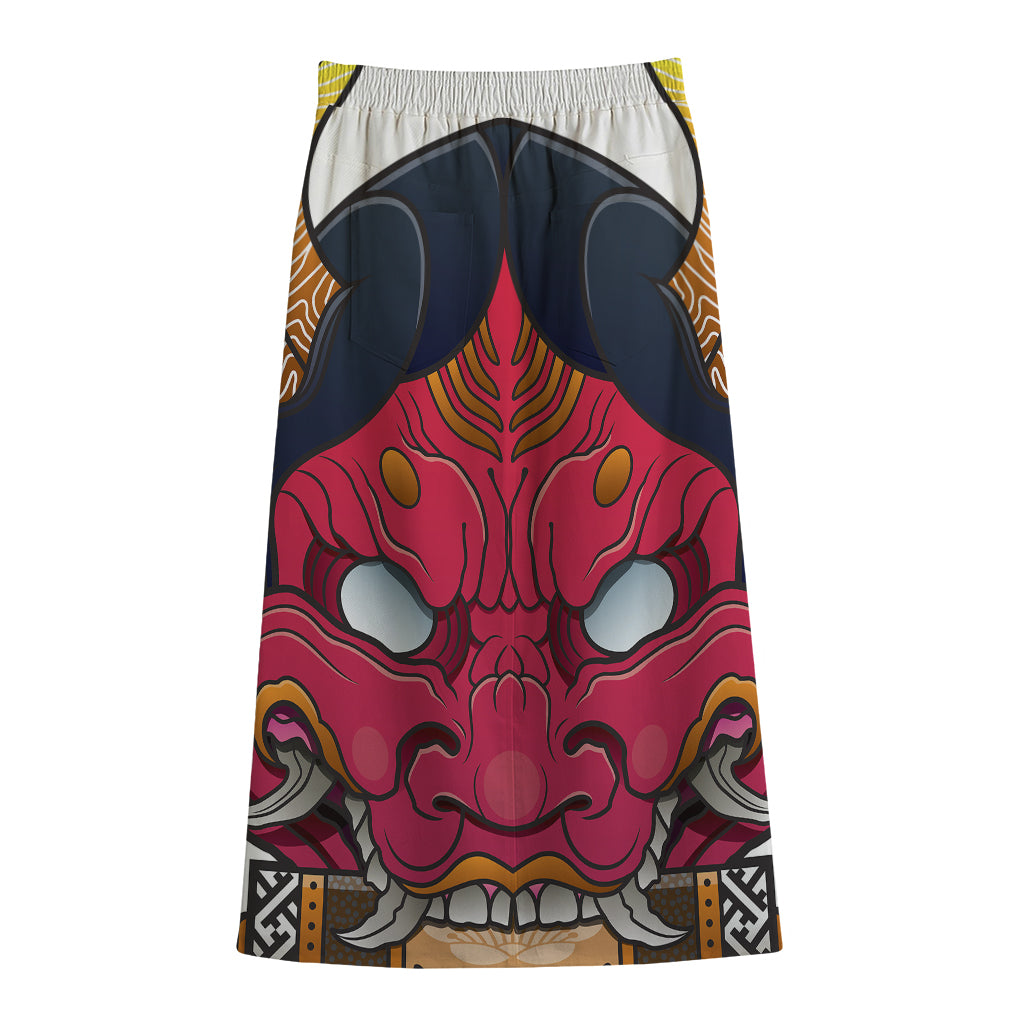 Japanese Demon Mask Print Cotton Front Slit Maxi Skirt
