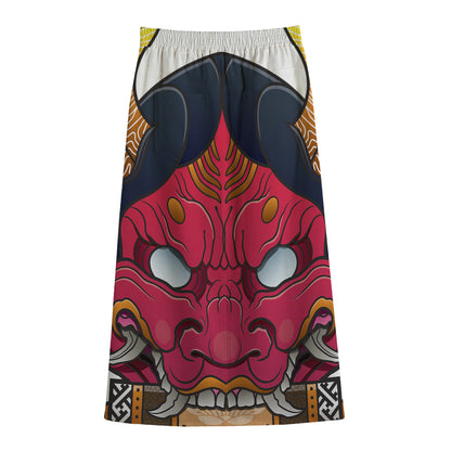 Japanese Demon Mask Print Cotton Front Slit Maxi Skirt