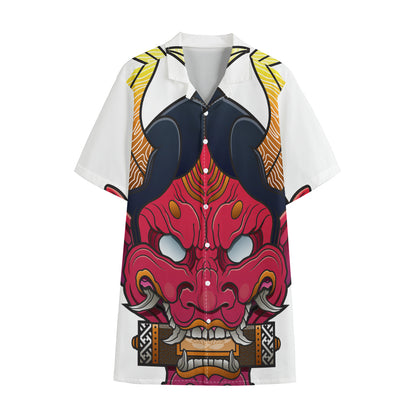 Japanese Demon Mask Print Cotton Hawaiian Shirt