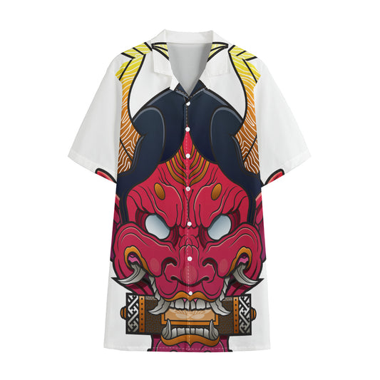 Japanese Demon Mask Print Cotton Hawaiian Shirt