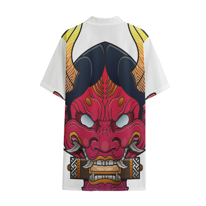 Japanese Demon Mask Print Cotton Hawaiian Shirt