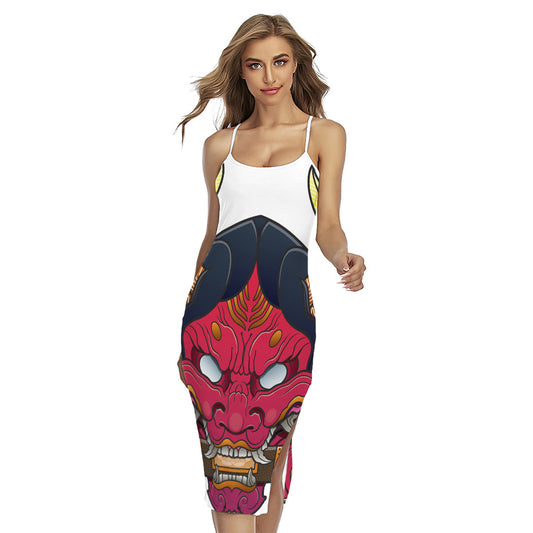 Japanese Demon Mask Print Cross Back Cami Dress