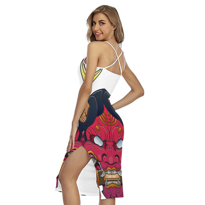 Japanese Demon Mask Print Cross Back Cami Dress