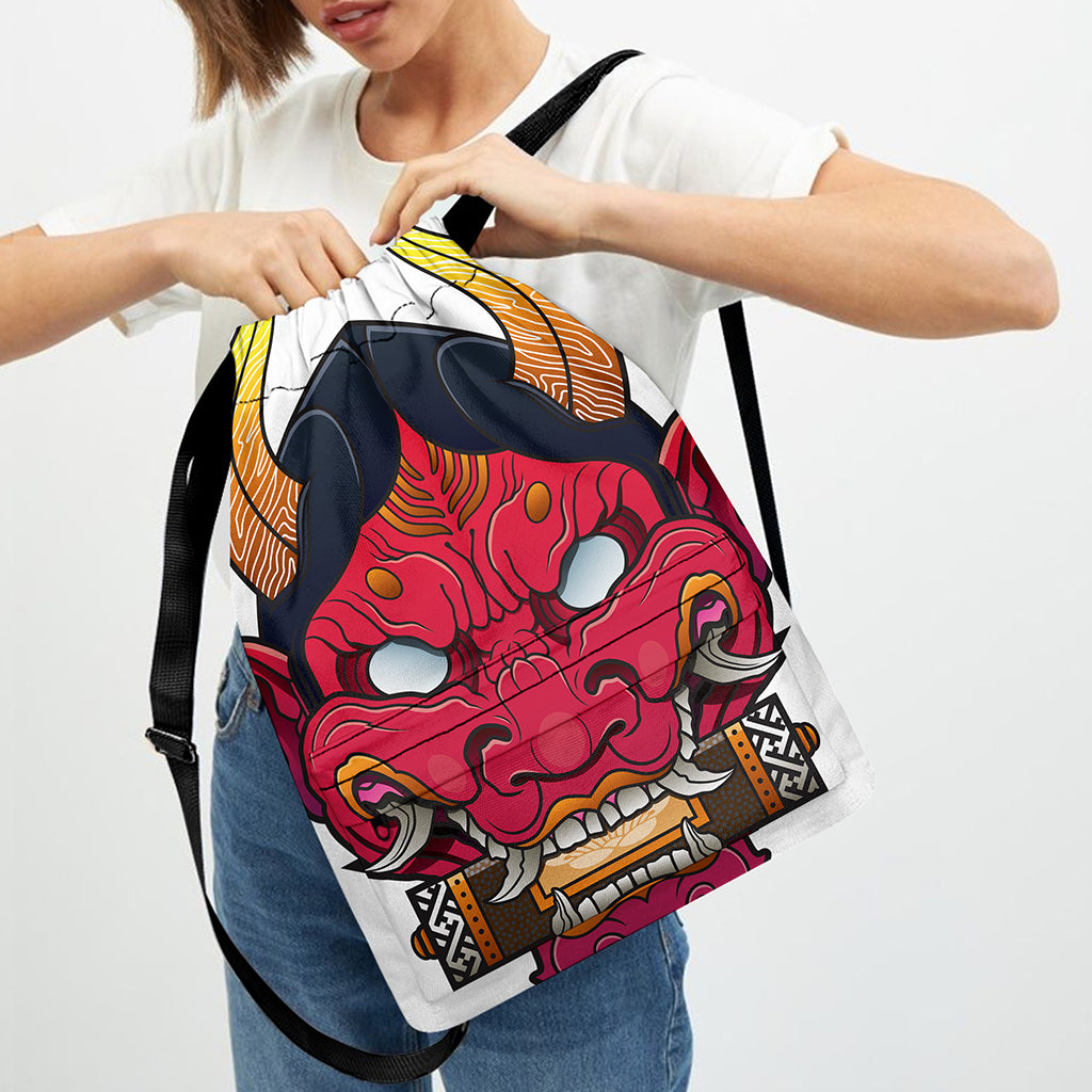 Japanese Demon Mask Print Drawstring Backpack