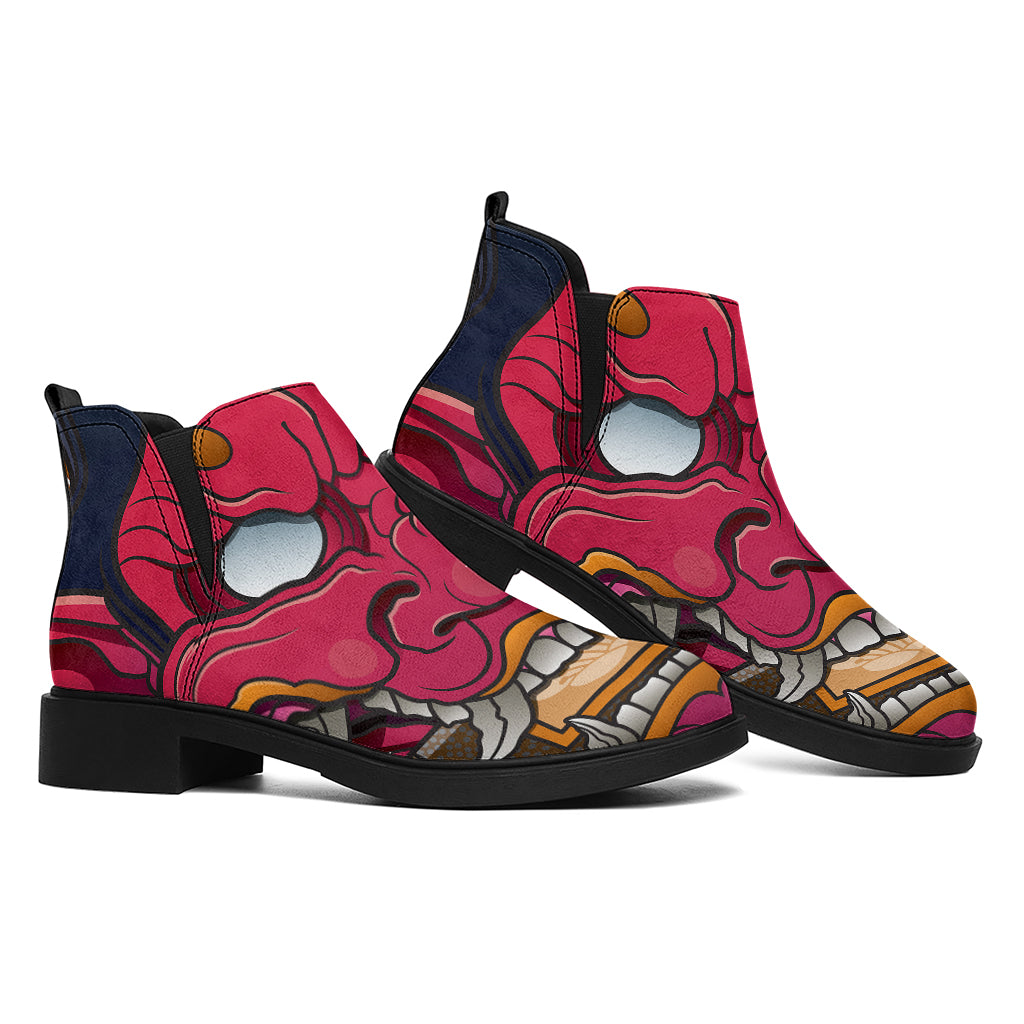 Japanese Demon Mask Print Flat Ankle Boots