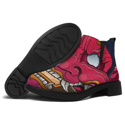 Japanese Demon Mask Print Flat Ankle Boots