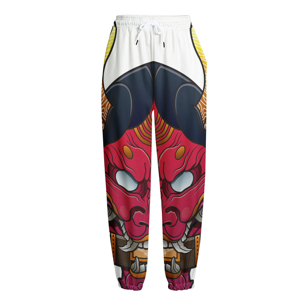 Japanese Demon Mask Print Fleece Lined Knit Pants