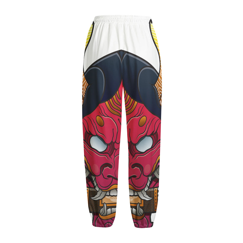 Japanese Demon Mask Print Fleece Lined Knit Pants