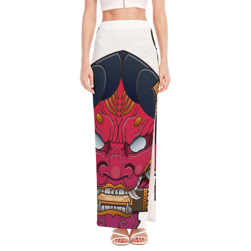 Japanese Demon Mask Print High Slit Maxi Skirt